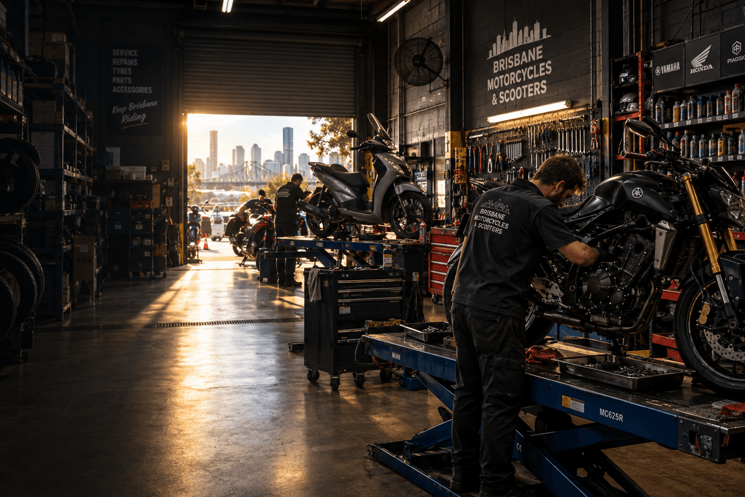 Mechanic servicing a motorcycle in the workshop